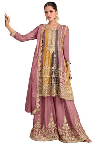 miss ethnik pink, grey & yellow strip chinon womens chiffon embroidered stitched sharara suit set with dupatta (me-1128-multicolor-x large)