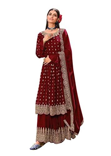 miss ethnik women's faux georgette pakistani kurta sharara set with dupatta (me-1074-maroon)