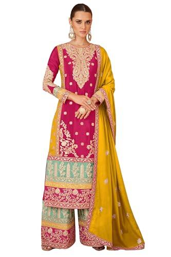 miss ethnik women's pink chinon stitched top with stitched chinon bottom and chinon dupatta full sleeve embroidered straight kurta (me-1163-pink-xxl)
