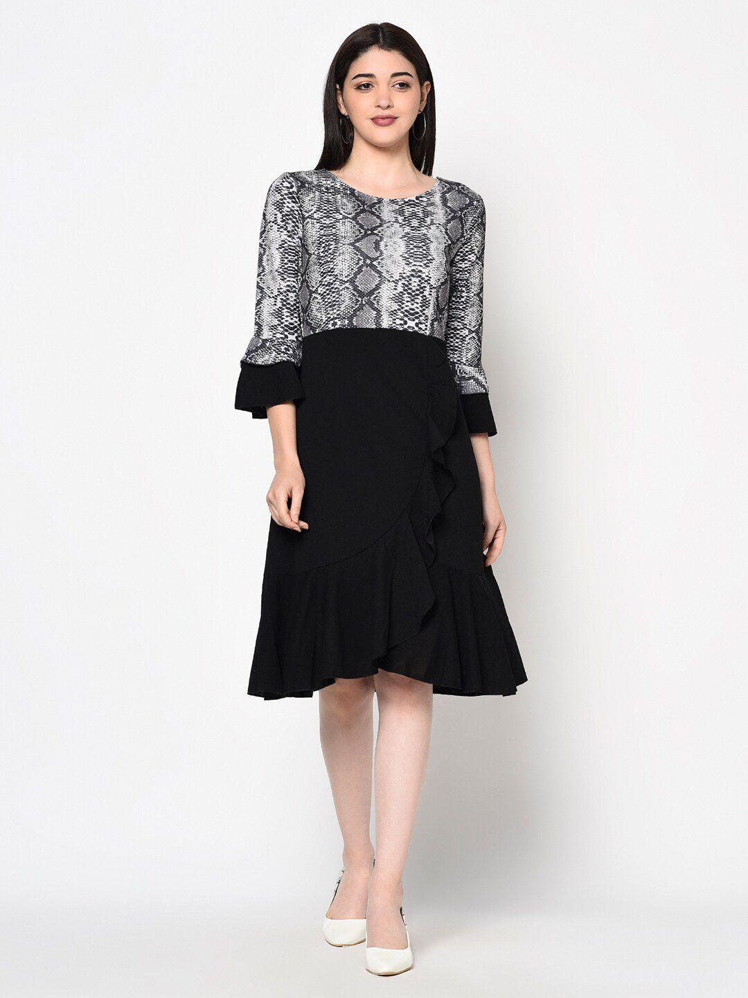 miss grace abstract printed bell sleeves ruffles detailed fit & flare dress