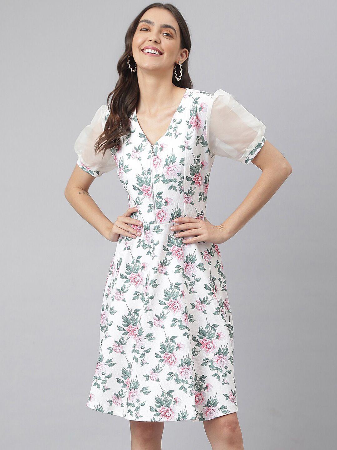 miss grace floral print puff sleeves cotton fit & flare dress