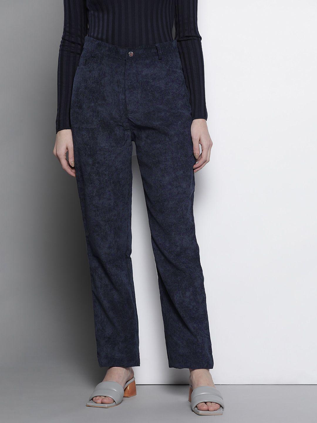 missguided women navy blue solid corduroy mid-rise trousers