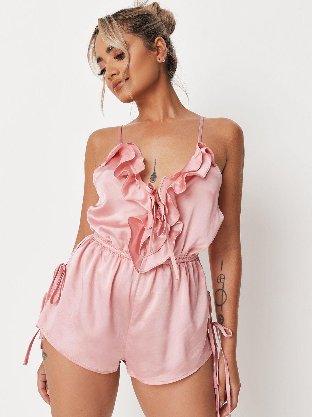 missguided women pink solid ruffles jumpsuit