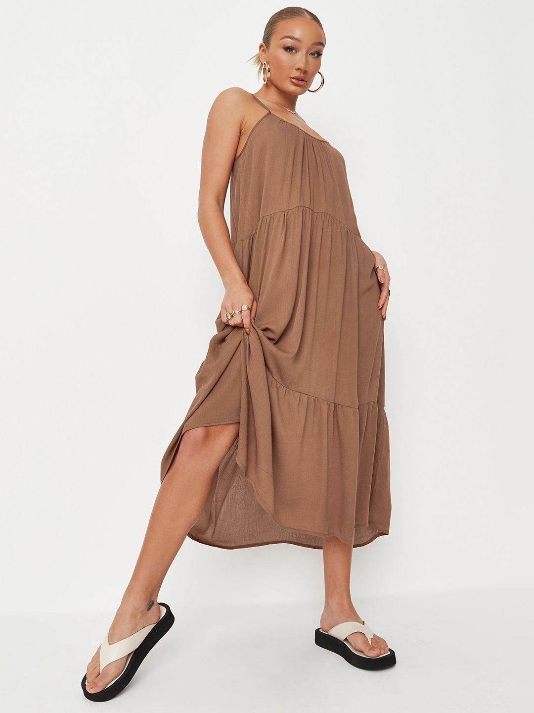 missguided brown solid tiered midi a-line dress
