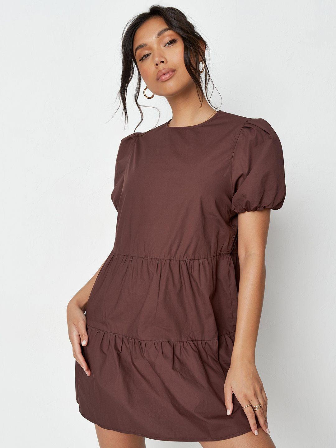 missguided coffee brown cotton solid tiered puff sleeves mini a-line dress