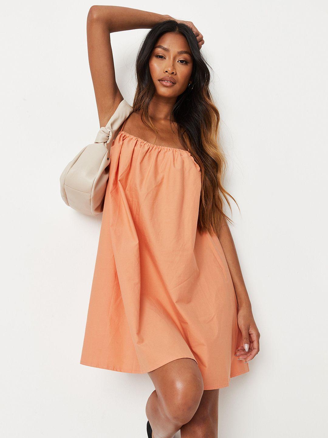 missguided coral orange pure cotton solid a-line dress