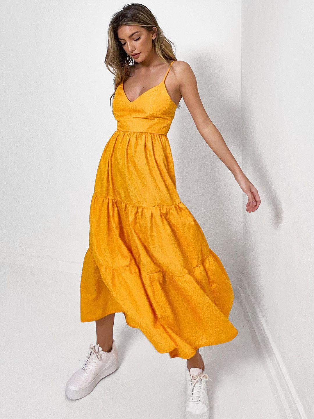 missguided mustard yellow solid tiered midi dress