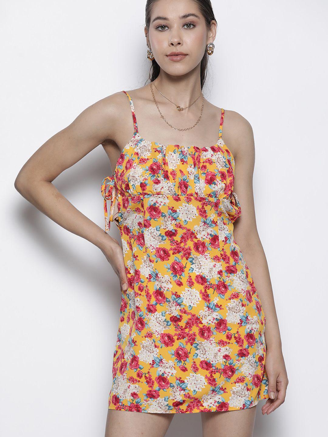 missguided petite yellow & pink floral print a-line mini dress