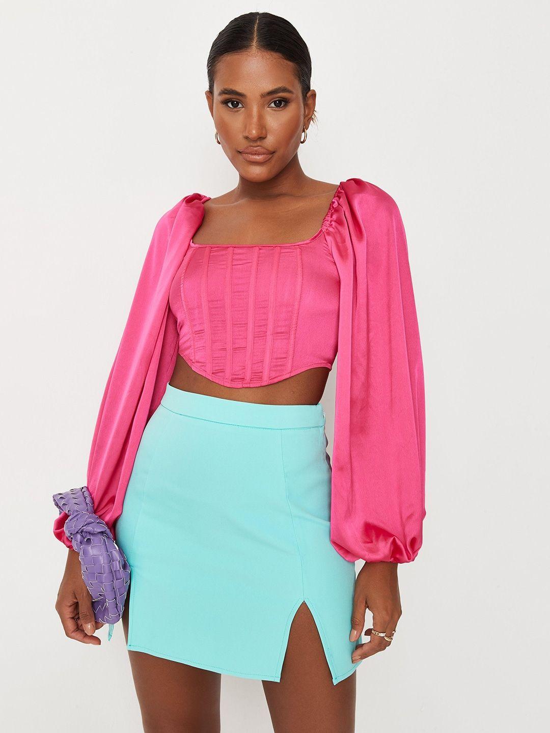 missguided pink solid balloon sleeves crop fitted corset top