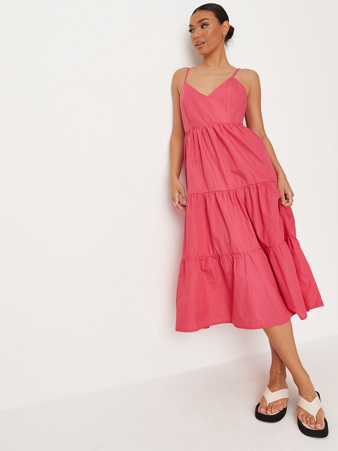 missguided pink solid tiered midi fit & flare dress