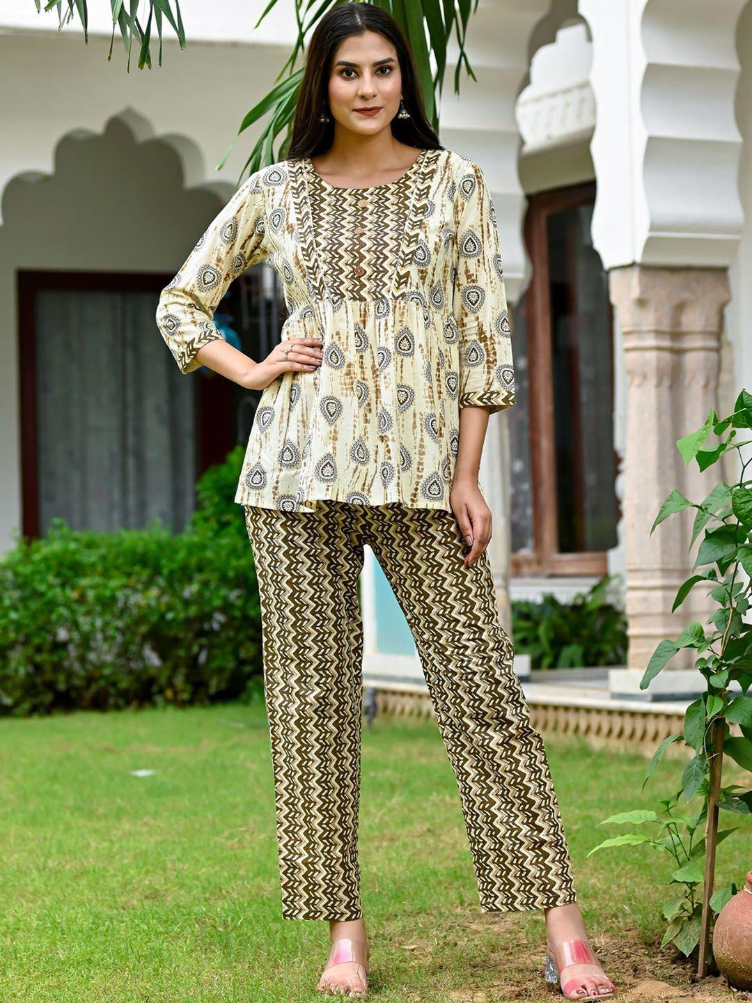 misskurti printed pure cotton relaxed-fit top & trousers co-ord set
