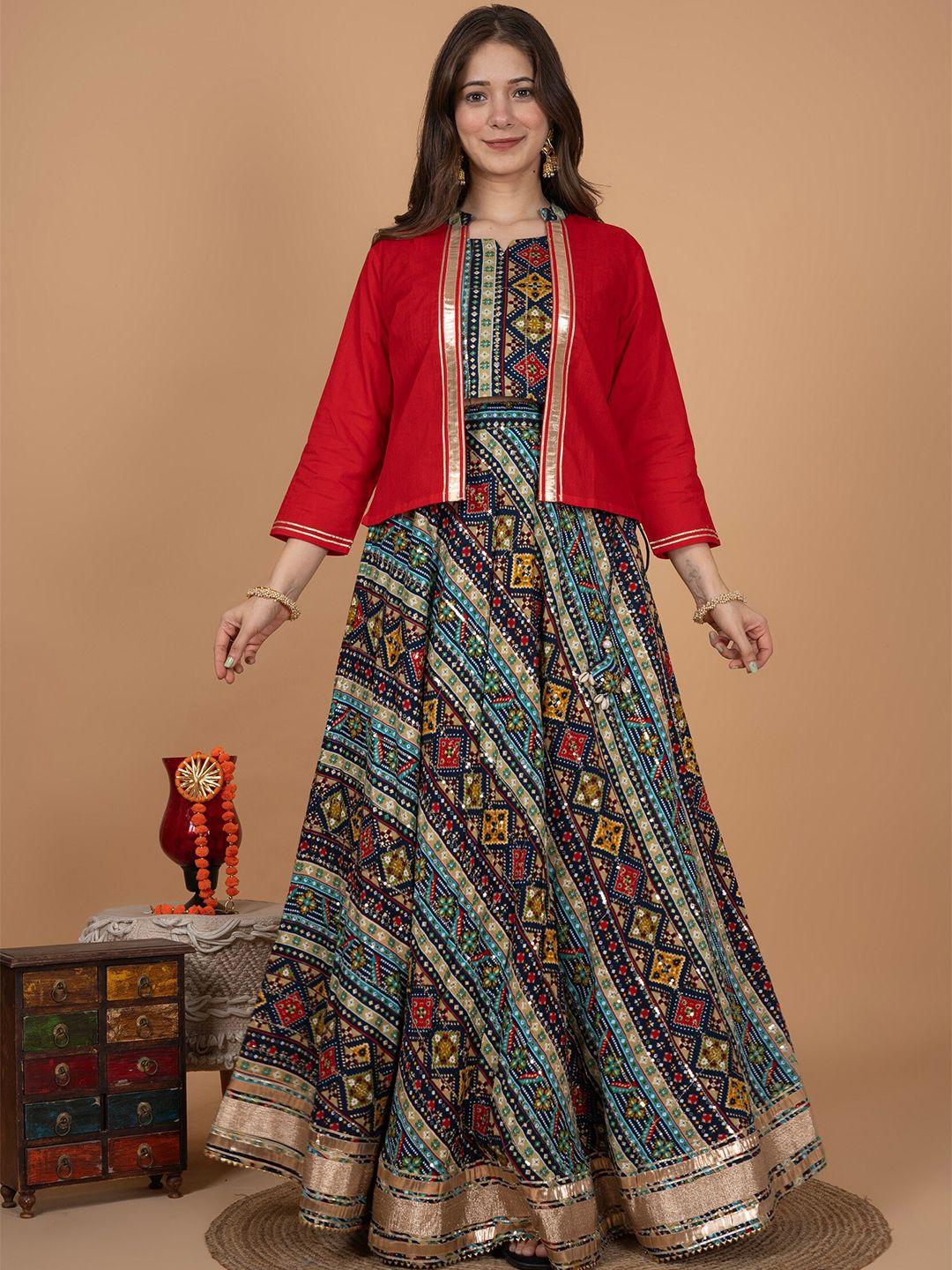 misskurti ethnic motif printed sequin work lehenga & choli with jacket