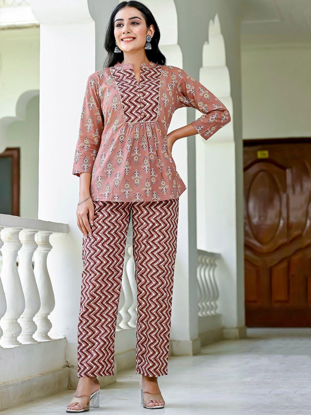 misskurti ethnic motifs printed pure cotton top & trousers co-ord set