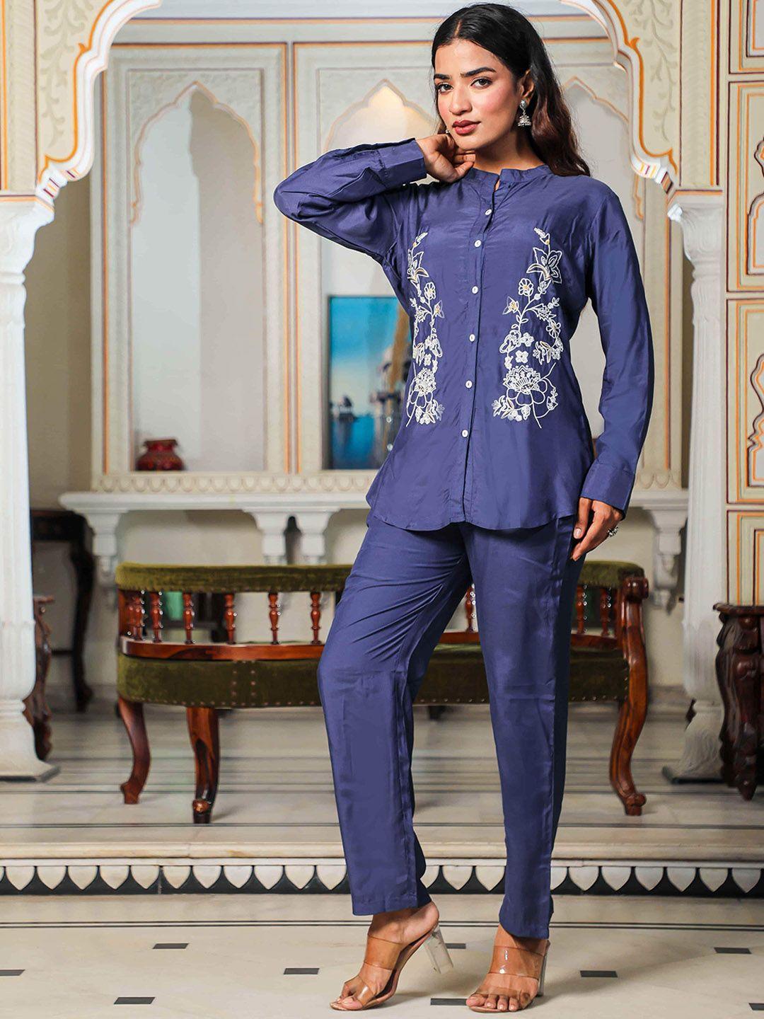 misskurti floral embroidered mandarin collar shirt & trousers set