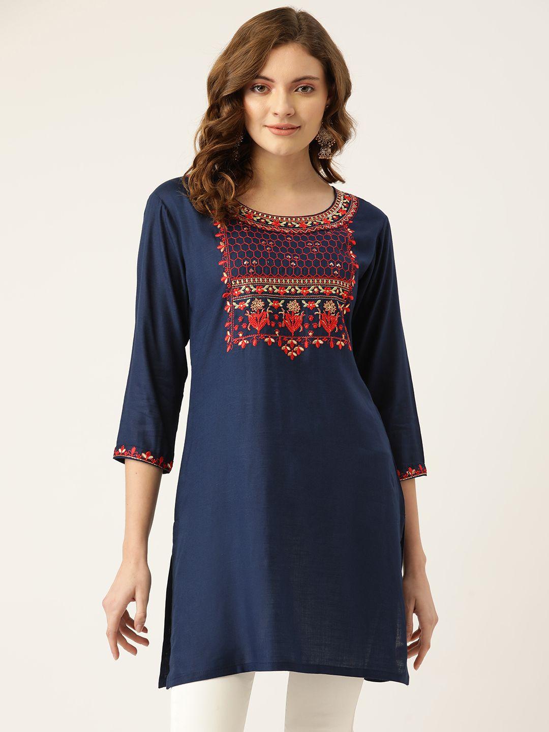 misskurti navy blue ethnic motifs embroidered thread work kurti