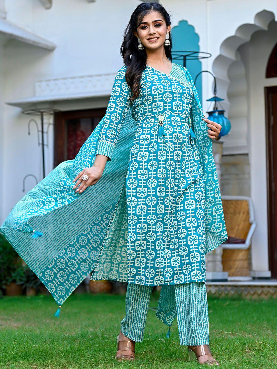 misskurti women blue printed regular gotta patti pure cotton kurti with salwar & with dupatta