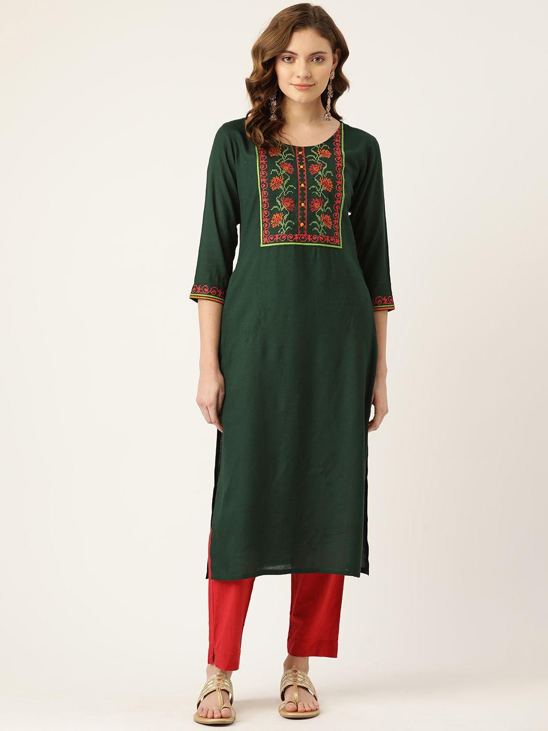 misskurti women green ethnic motifs embroidered thread work kurta