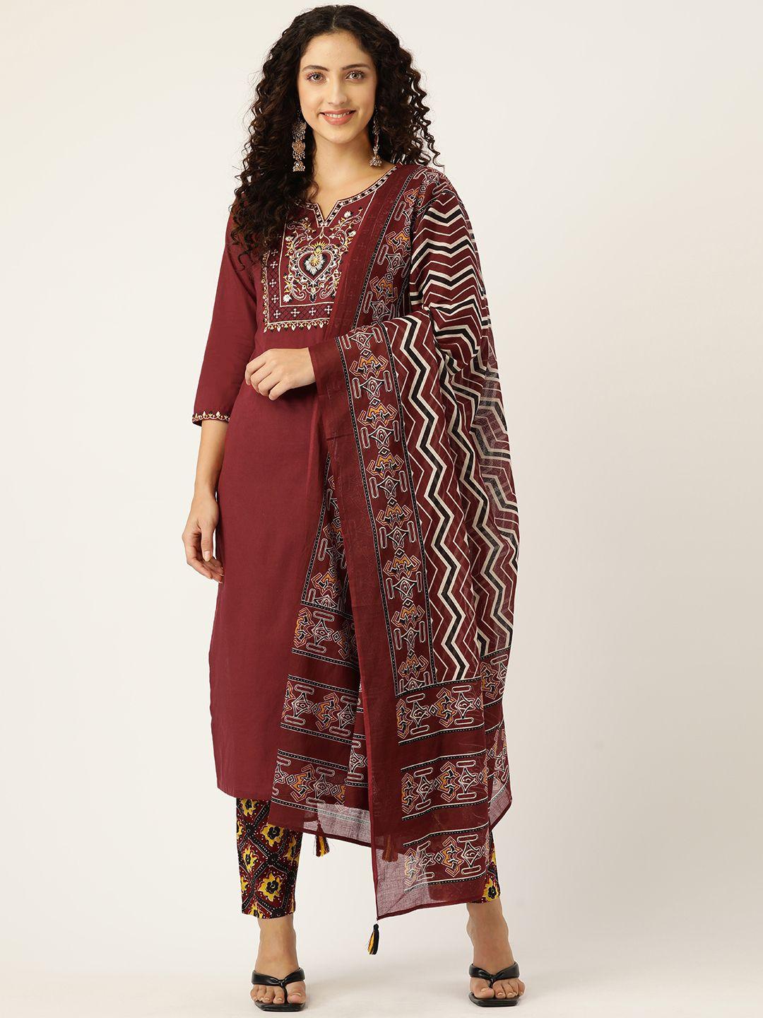 misskurti women maroon ethnic motifs printed thread work kurta with trousers & with dupatta