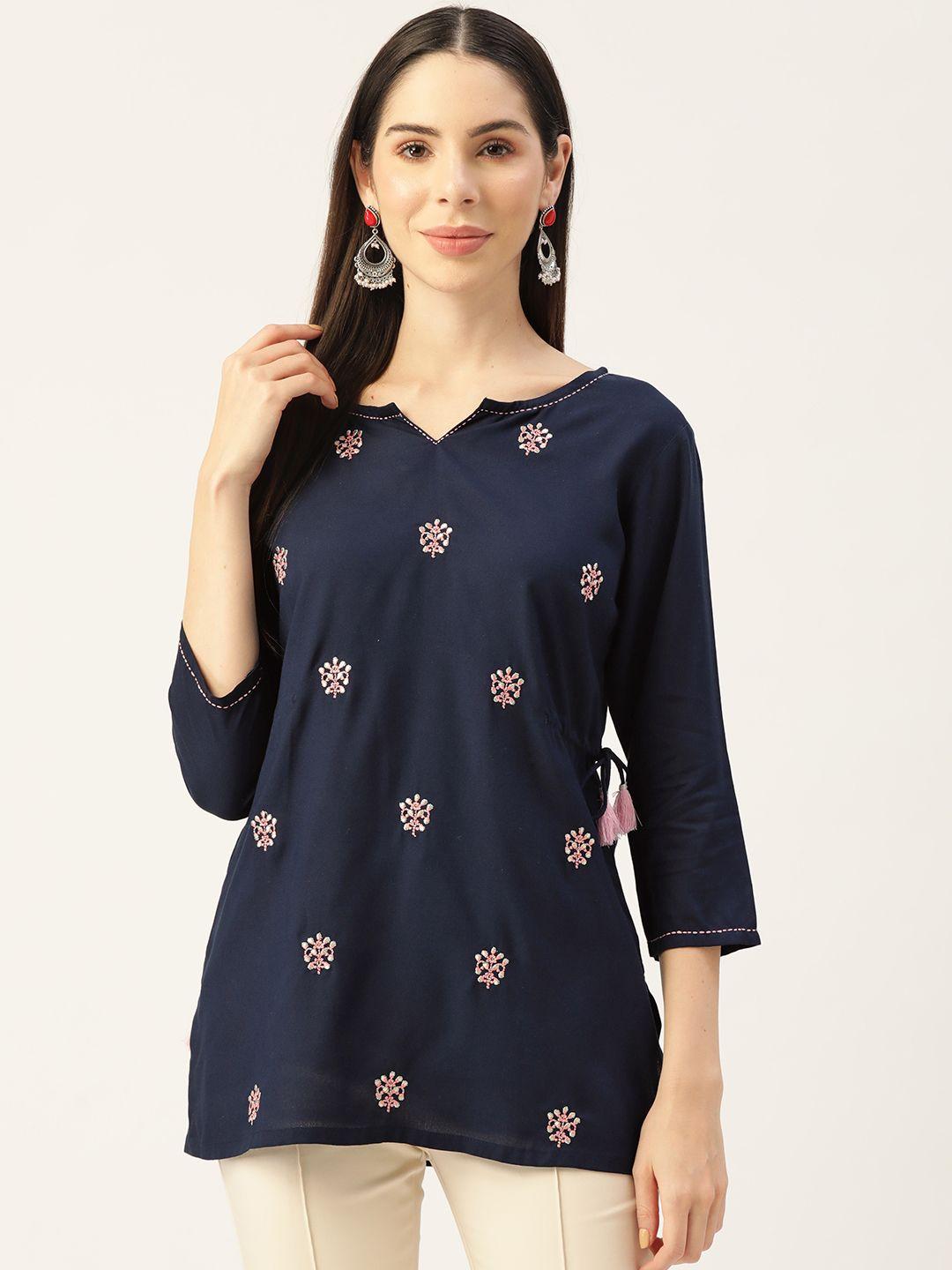 misskurti women navy blue ethnic motifs embroidered tunic