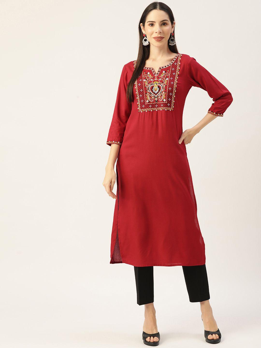 misskurti women red ethnic motifs embroidered kurta
