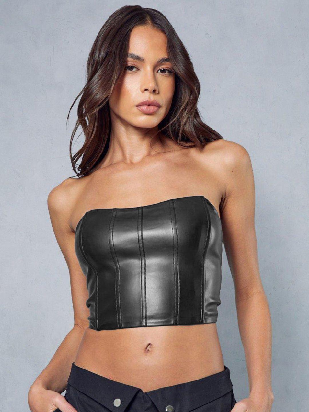 misspap leather corset off-shoulder crop top
