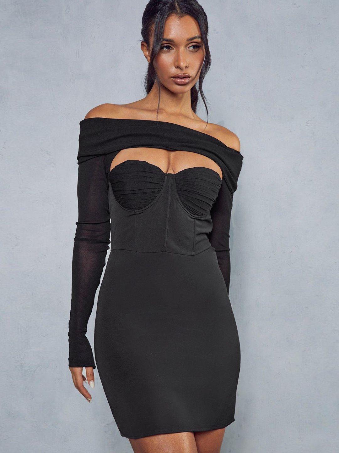 misspap off-shoulder mesh corset overlay sheath mini dress