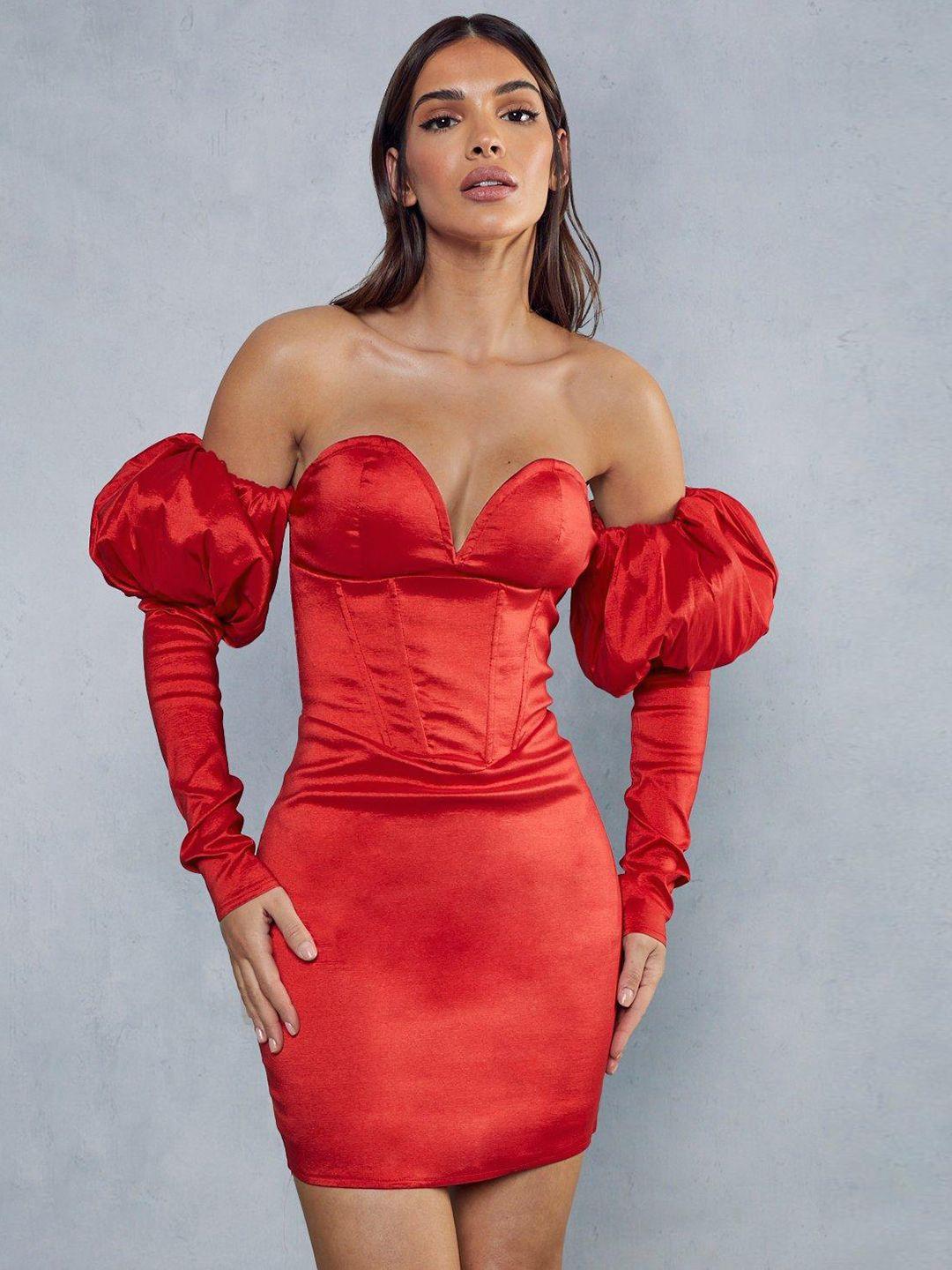 misspap off-shoulder plunge satin bodycon corset mini dress