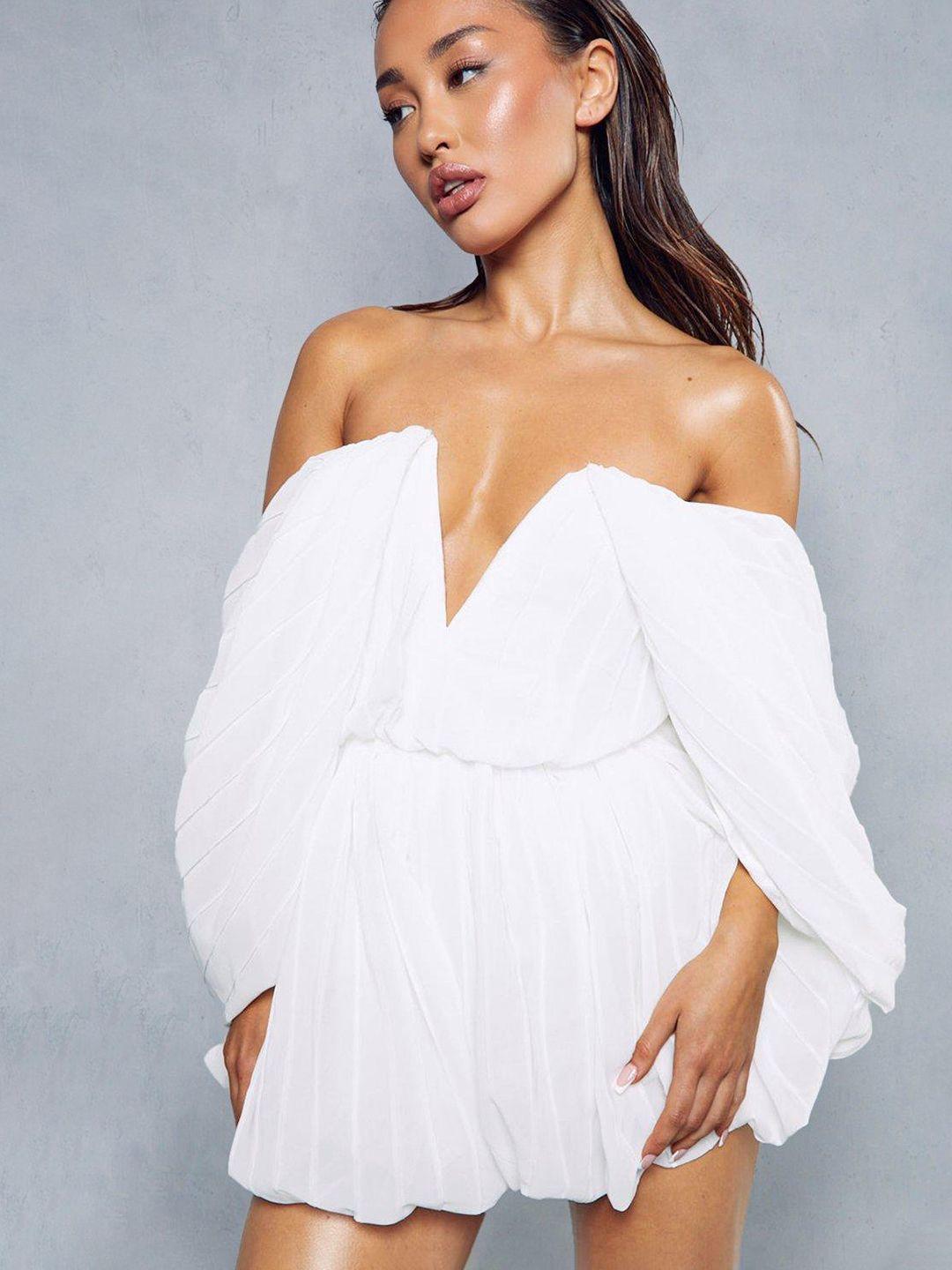 misspap off-shoulder puff sleeves pleated detail puffball playsuit