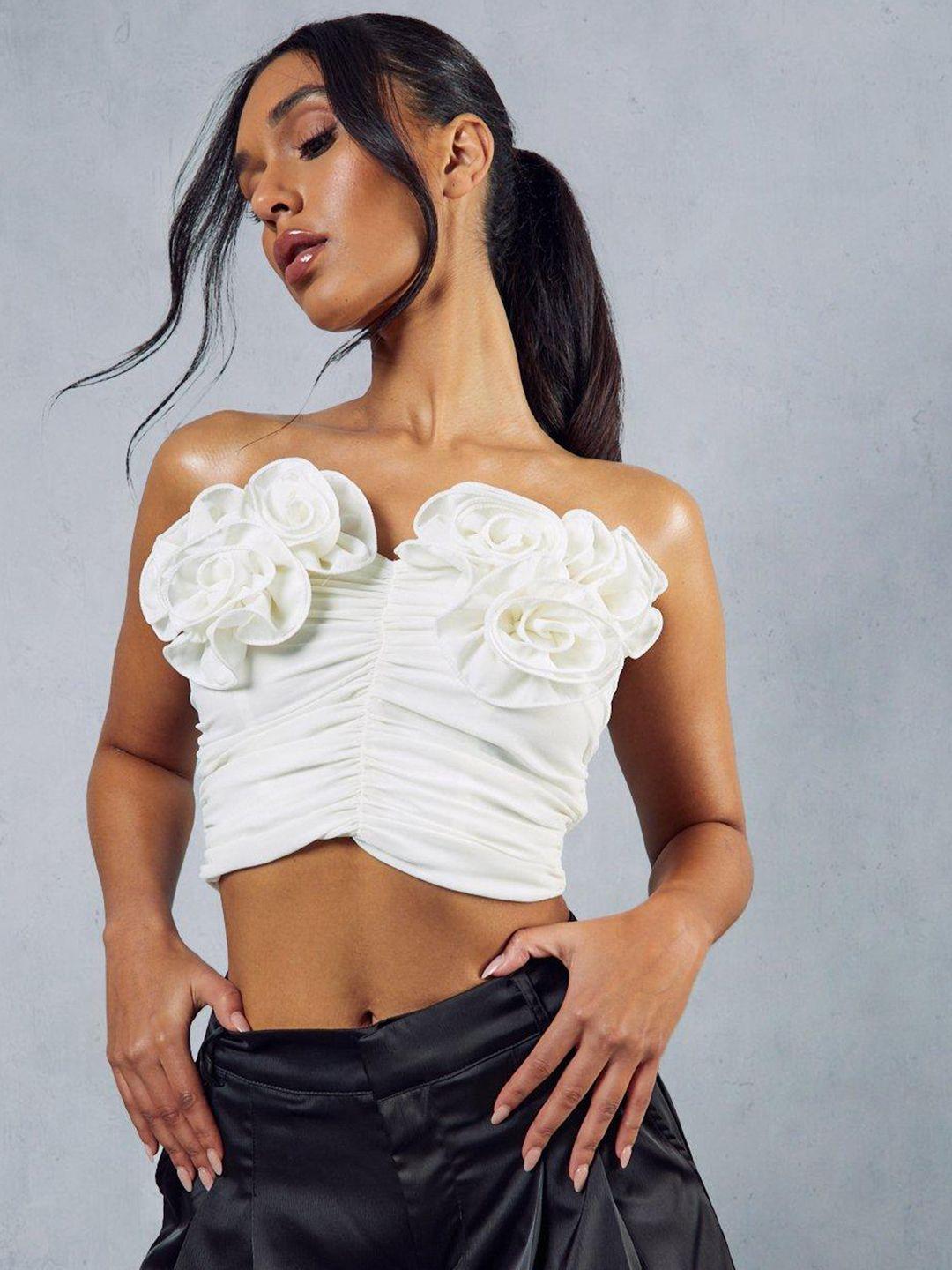 misspap rose corsage strapless bardot mesh crop top