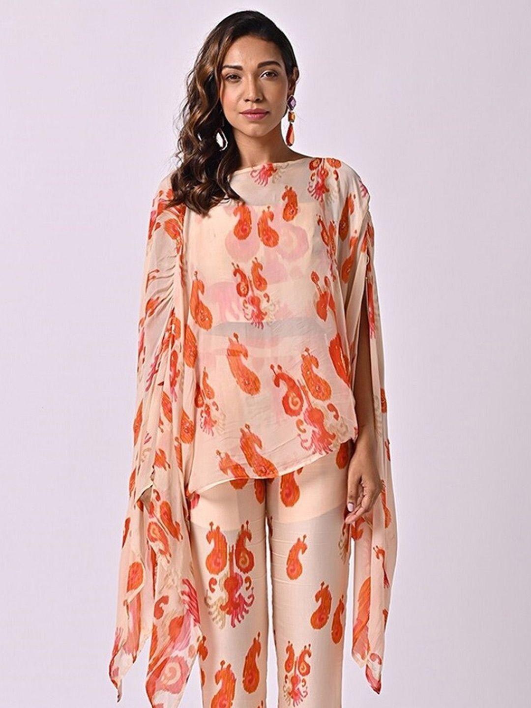 missy ethnic motifs printed boat neck slit sleeve chiffon regular top