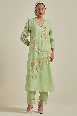 mist green viscose silk floral hand embroidered a-line kurta set
