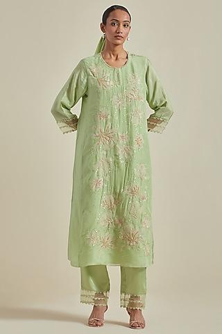 mist green viscose silk floral thread embroidered a-line kurta set