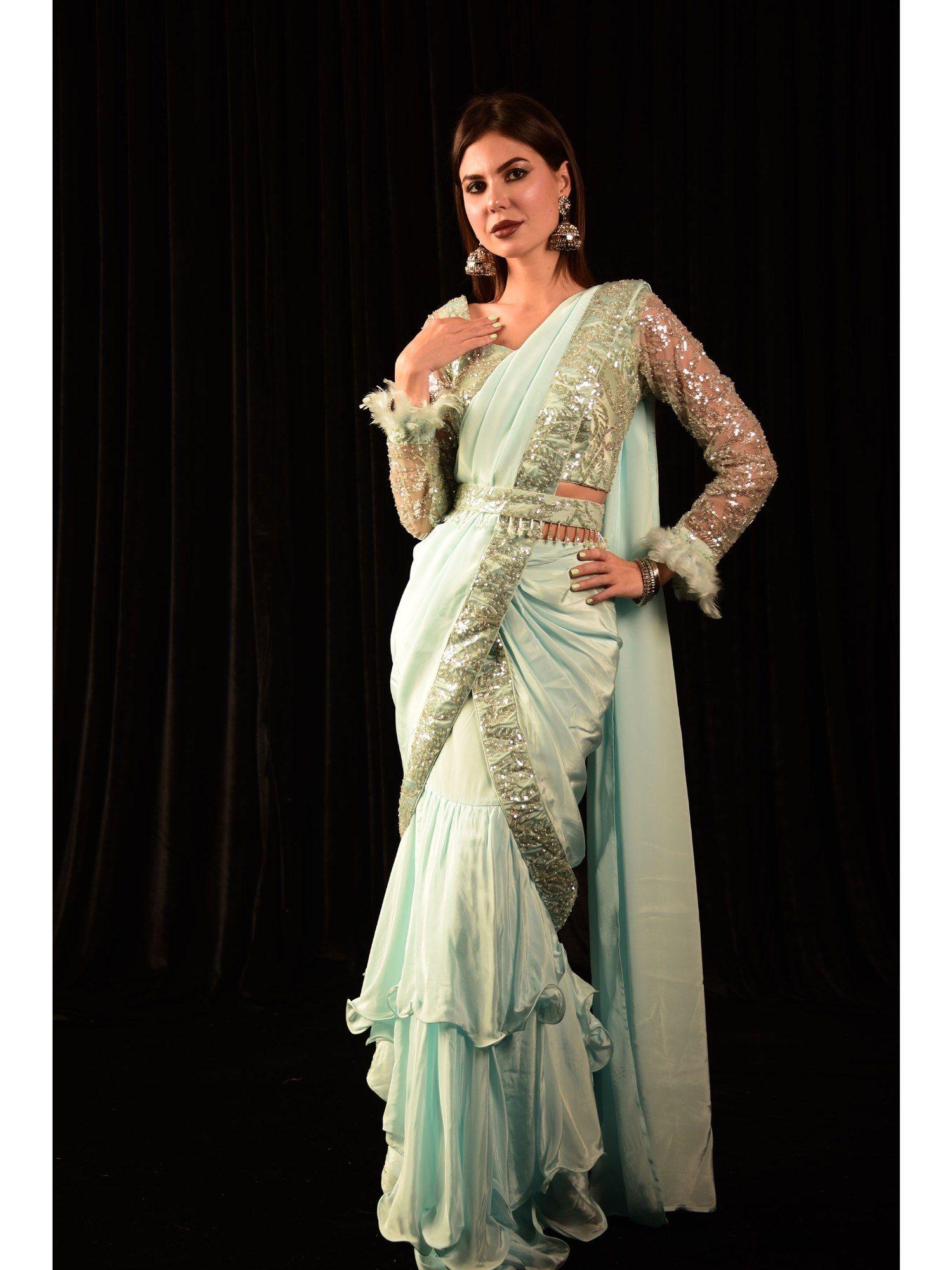 mist mint green ruffle drape saree with belt and stitched blouse