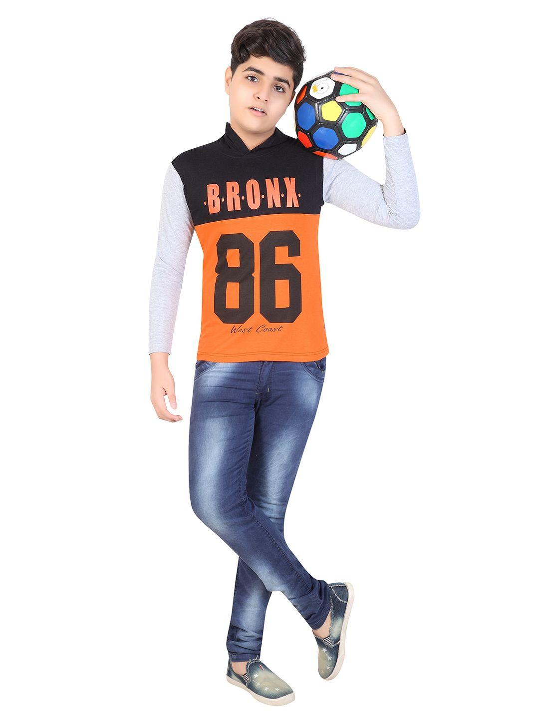 mist n fogg boys black & orange colourblocked t-shirt