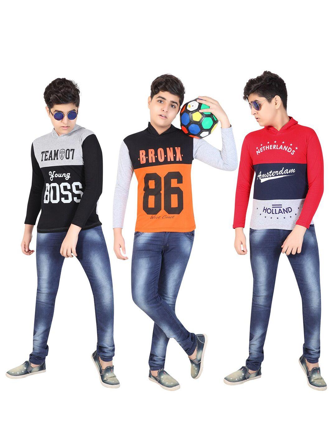 mist n fogg pack of 3 boys black & red typography printed cotton t-shirt