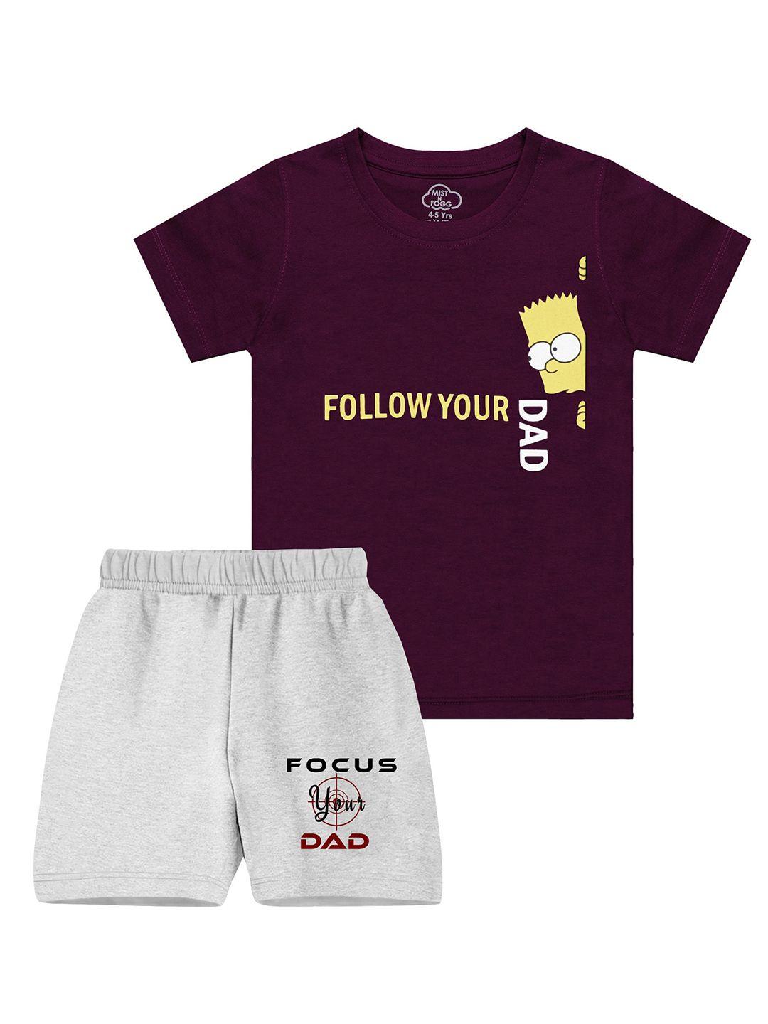 mist n fogg unisex kids burgundy & grey printed t-shirt with shorts