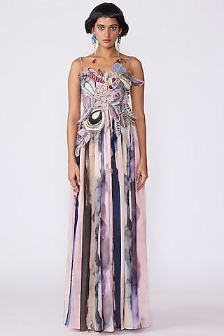 mist purple printed & applique embellished gown