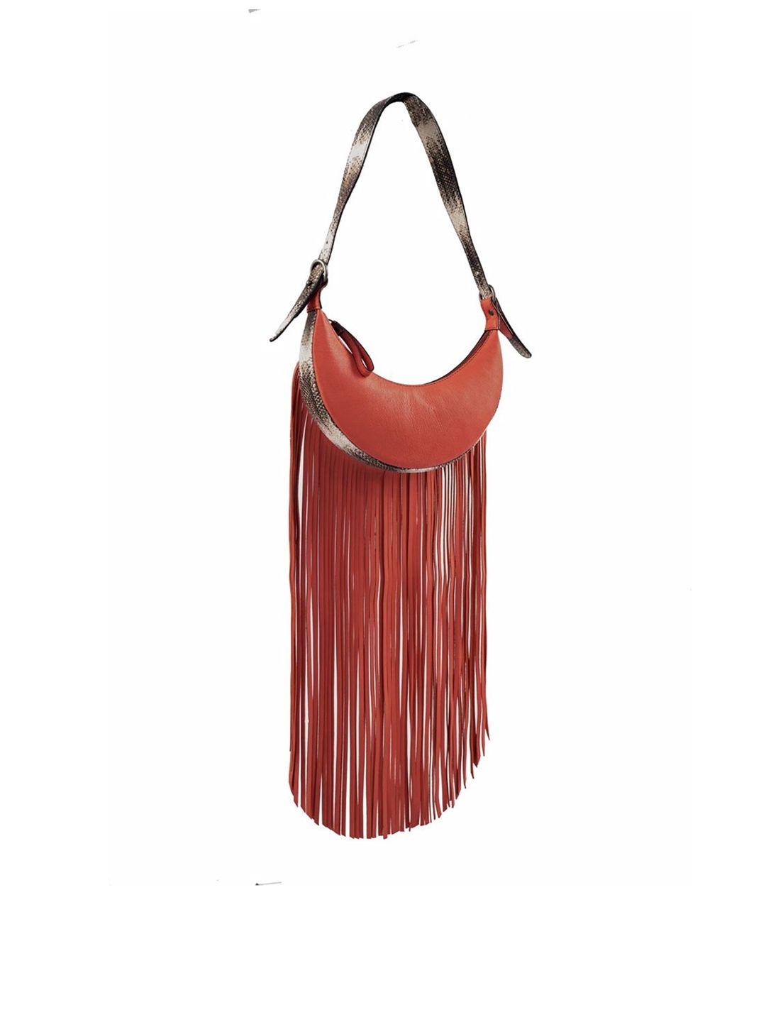 mistry half moon pure leather fringed hobo bag