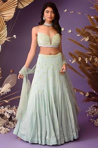 misty aqua satin organza hand embellished lehenga set