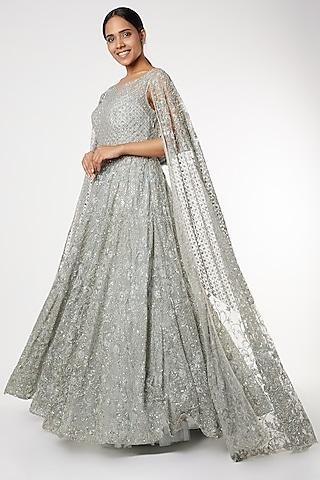 misty blue embellished gown with attached dupatta