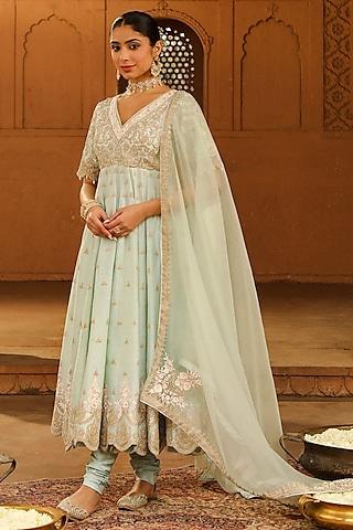 misty green pure silk chanderi kashmiri tilla embroidered kalidar anarkali set