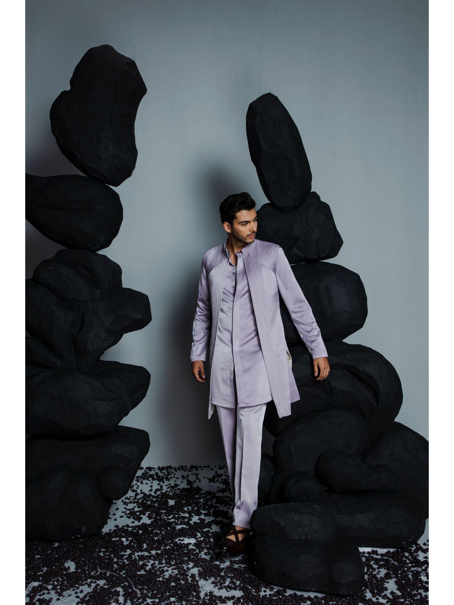 misty lilac kurta with jacket & pant (set of 3)