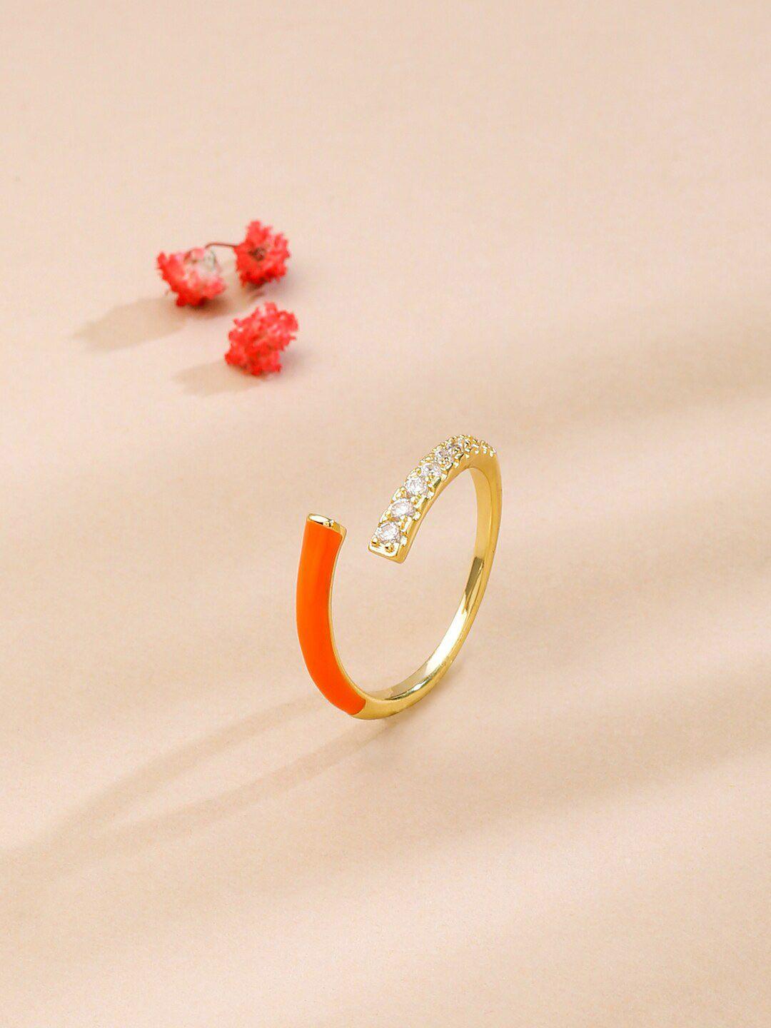 mitali jain women gold-plated orange enamelled & cubic zirconia stone lollipop ring
