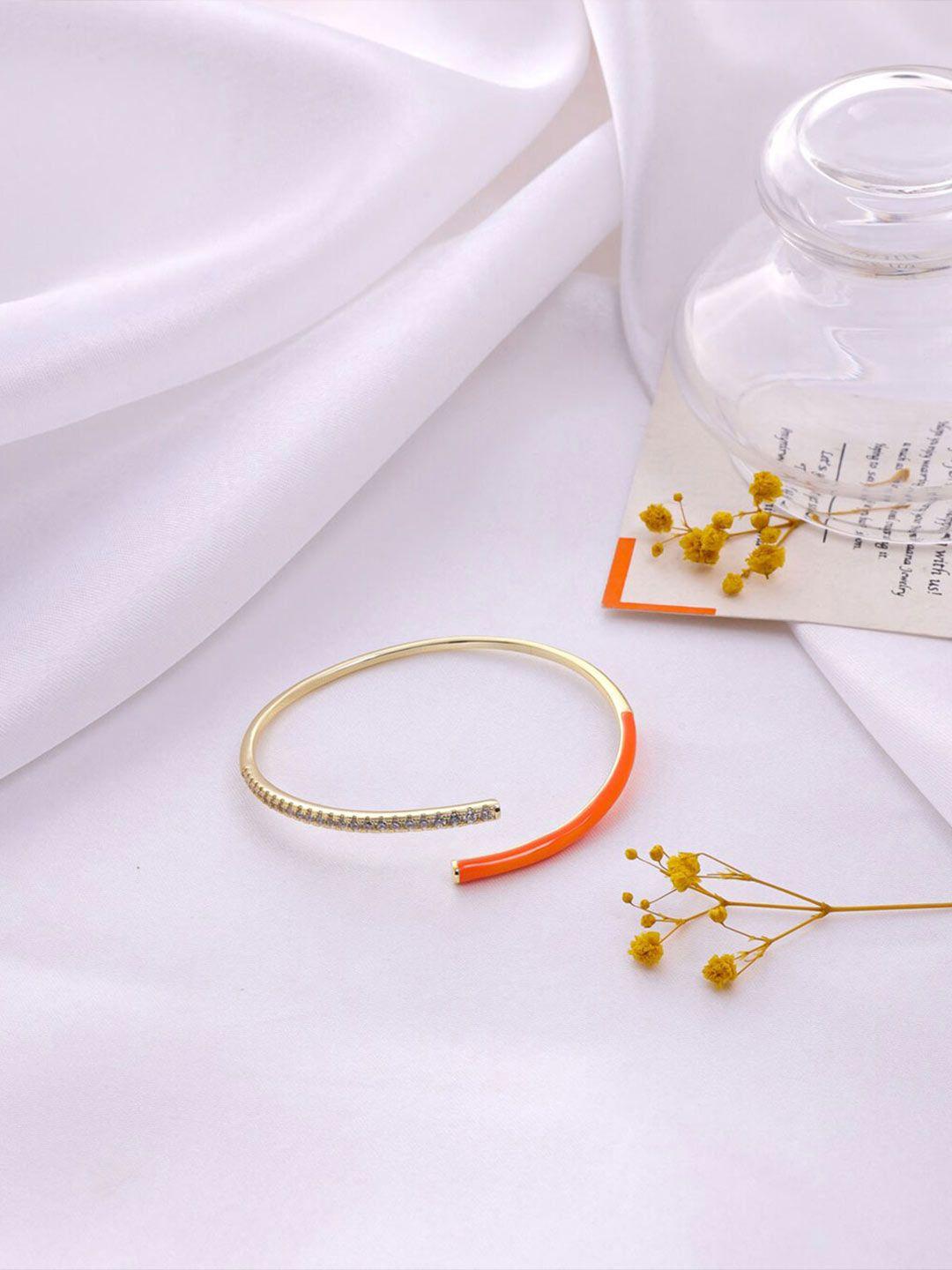 mitali jain women gold-toned & orange brass cubic zirconia gold-plated cuff bracelet