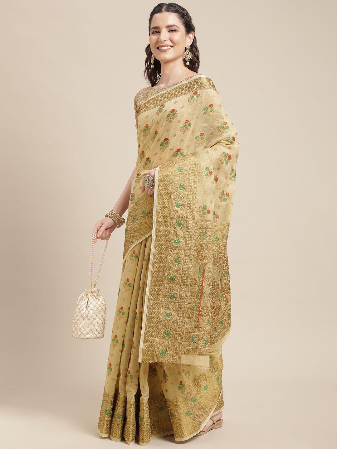 mitera beige & red ethnic motifs zari linen blend kanjeevaram saree