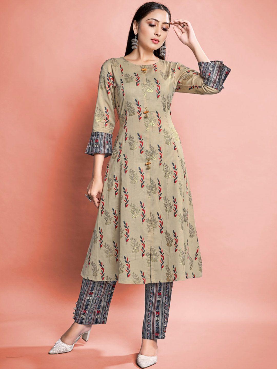 mitera beige floral printed round neck pure cotton a-line kurta with trousers