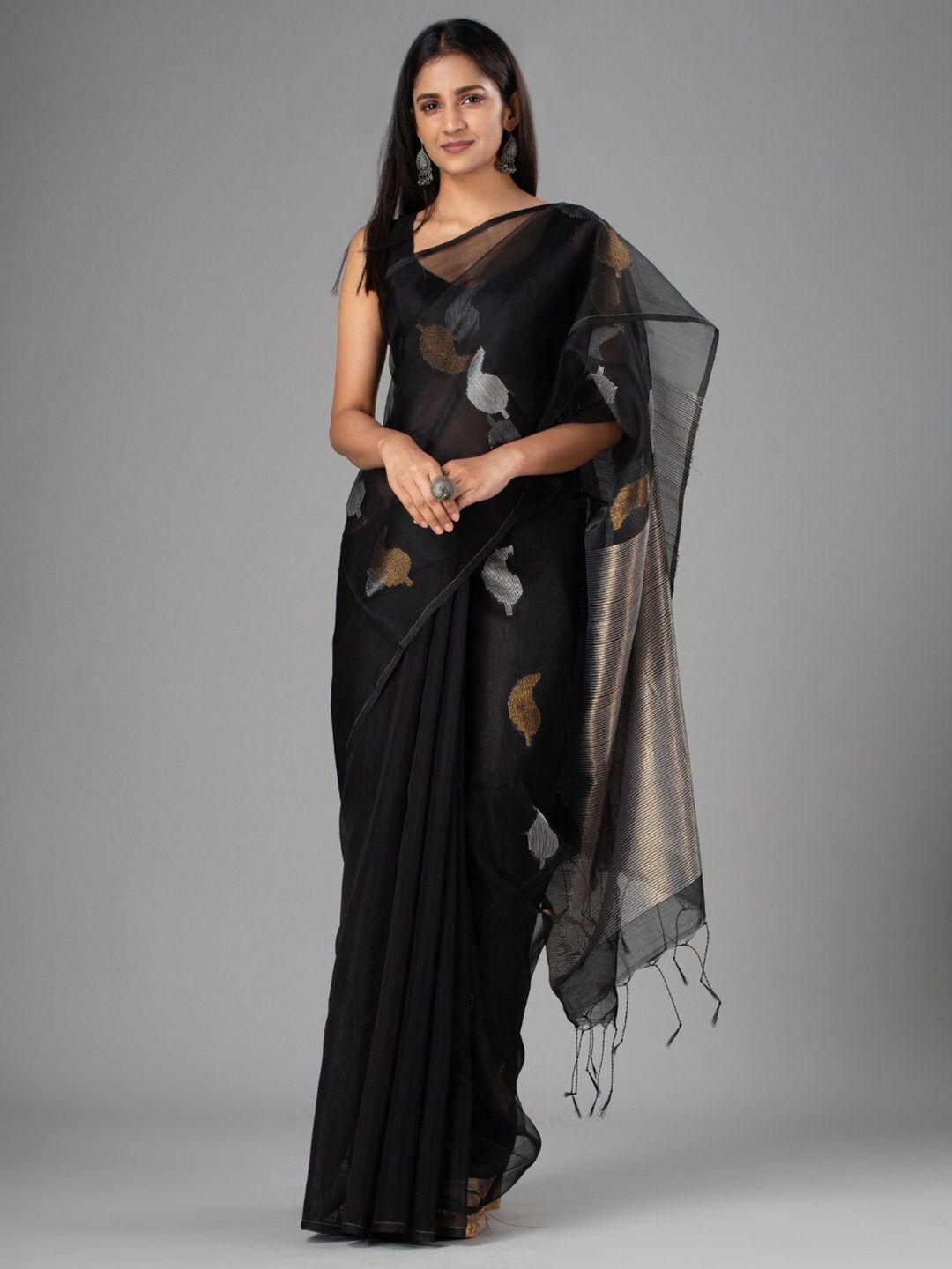 mitera black & gold paisley silk cotton saree