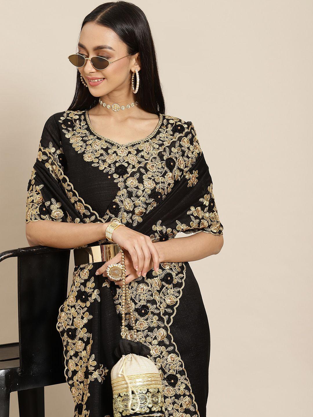 mitera black & gold-toned floral beads and stones heavy work maheshwari saree