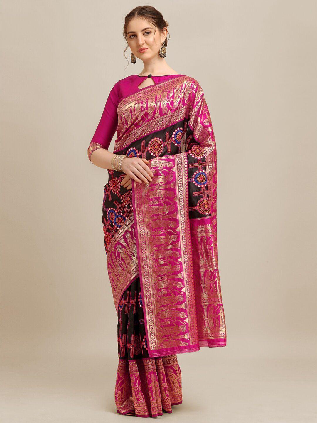 mitera black & magenta ethnic motifs kutchi embroidered zari banarasi jacquard saree
