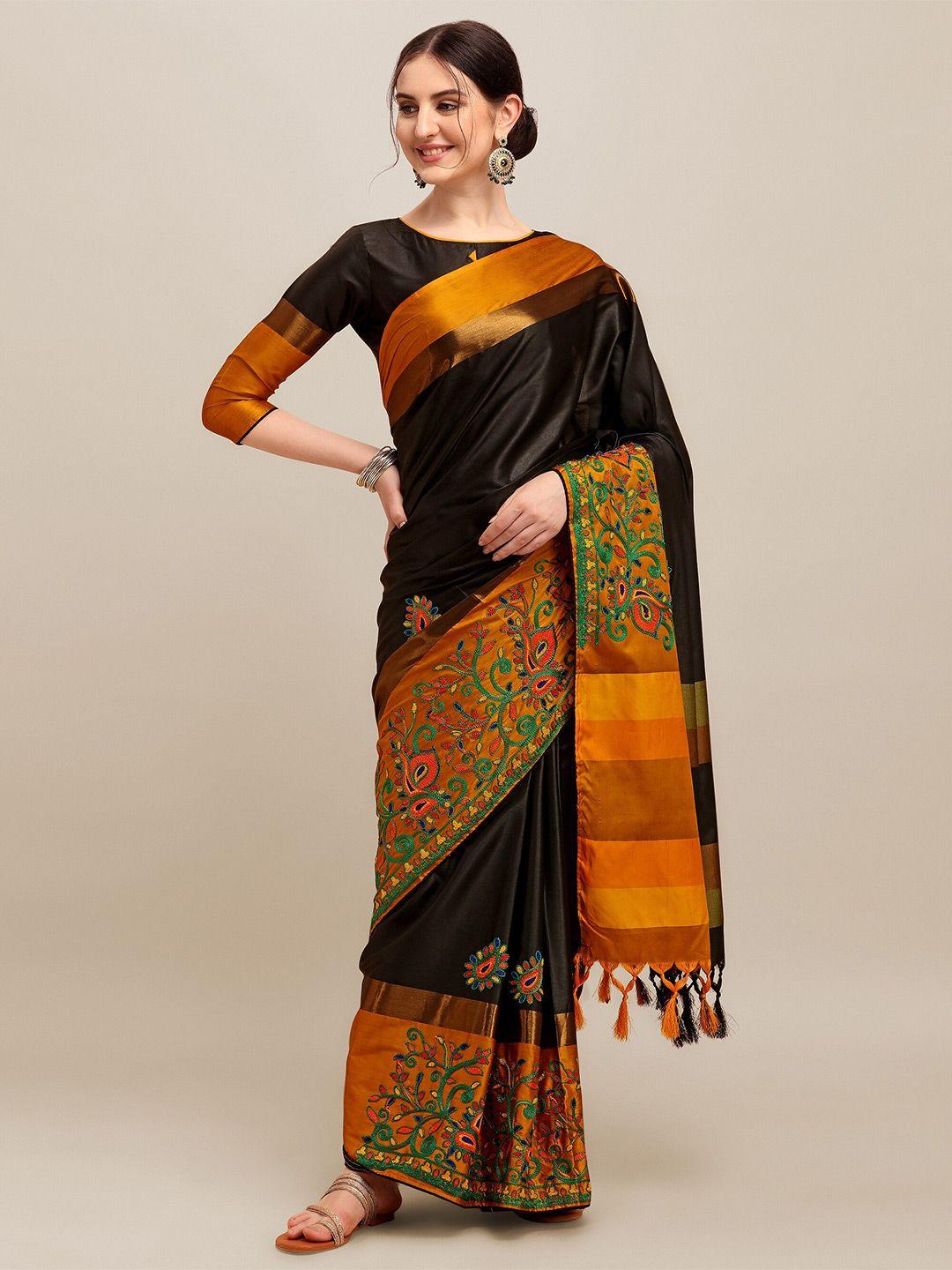 mitera black & mustard yellow embroidered border silk cotton saree